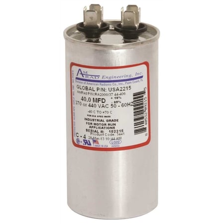 Amrad Engineering ROUND USA-MADE MOTOR RUN CAPACITOR, 40 MFD, 370/440 VAC USA2215
